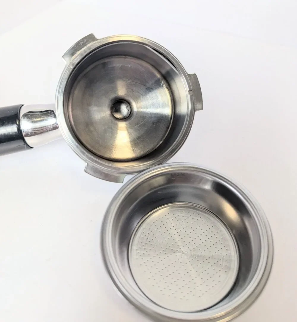 Stainless Espresso Portafilter For DeLonghi Dual Spout Silver Black Handle Cafe